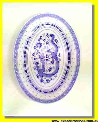 Blue Melamine Oval Plate Rice Pattern 9\"
