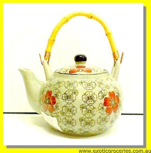 Japanese Style Red Blossom Teapot with Bamboo Handle
