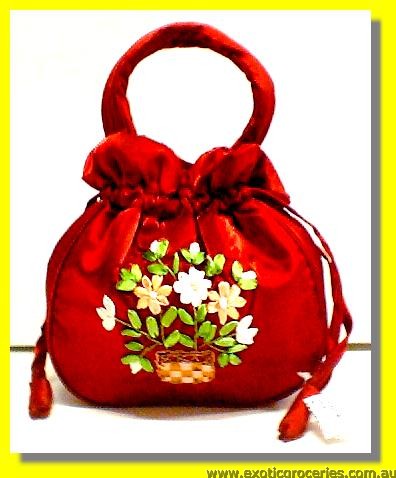 Chinese Red Embroidery Floral Hangbag 10" H